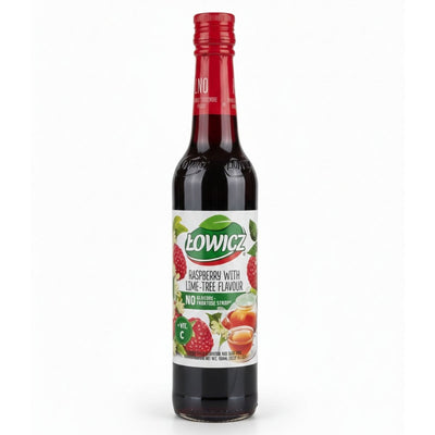 A 400ml bottle of Lowicz Raspberry With Lime Tree Syrup, featuring raspberries and limes on the label.