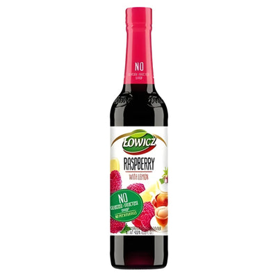 Bottle of Lowicz raspberry syrup on a white background