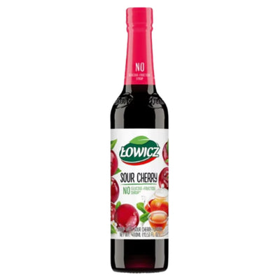 A 400ml bottle of Lowicz - Sour Cherry Syrup with a red cap, labeled "no sugar added" and displaying images of cherries and cherry juice on the front.