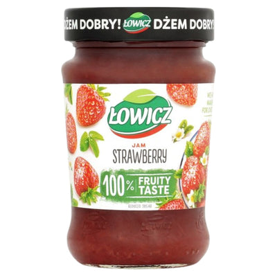 Lowicz - Strawberry Jam - 280g features vibrant strawberry images on the label and a "Dżem Dobry!" lid, delivering a delicious, 100% fruity taste in every spoonful.