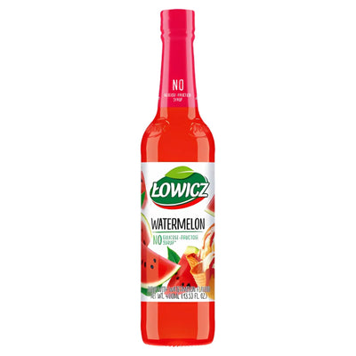 Lowicz Watermelon Syrup (400ml) features a red cap and label with watermelon imagery—ideal for adding a refreshing summer flavor to your drinks and desserts.