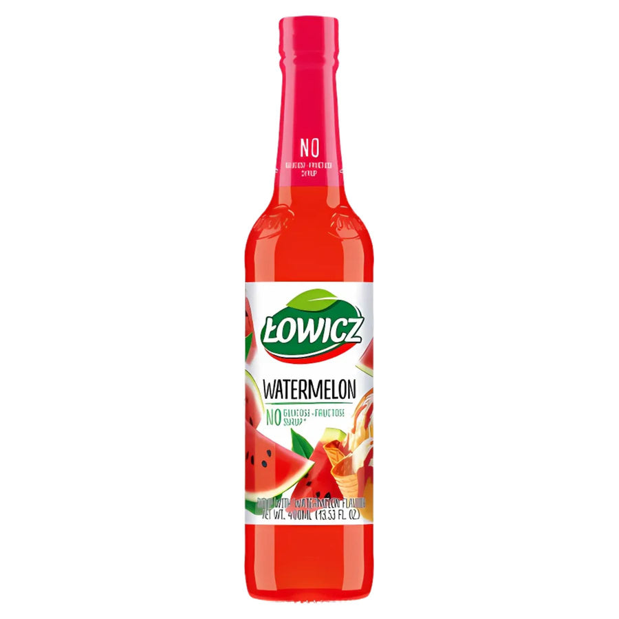 Lowicz Watermelon Syrup (400ml) features a red cap and label with watermelon imagery—ideal for adding a refreshing summer flavor to your drinks and desserts.
