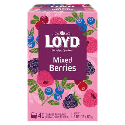 A box of Loyd Mixed Berry Tea (40 tea bags, 68g) features vibrant berry artwork on a pink background. Savor fruity and floral flavors in every cup from this delightful Loyd blend.