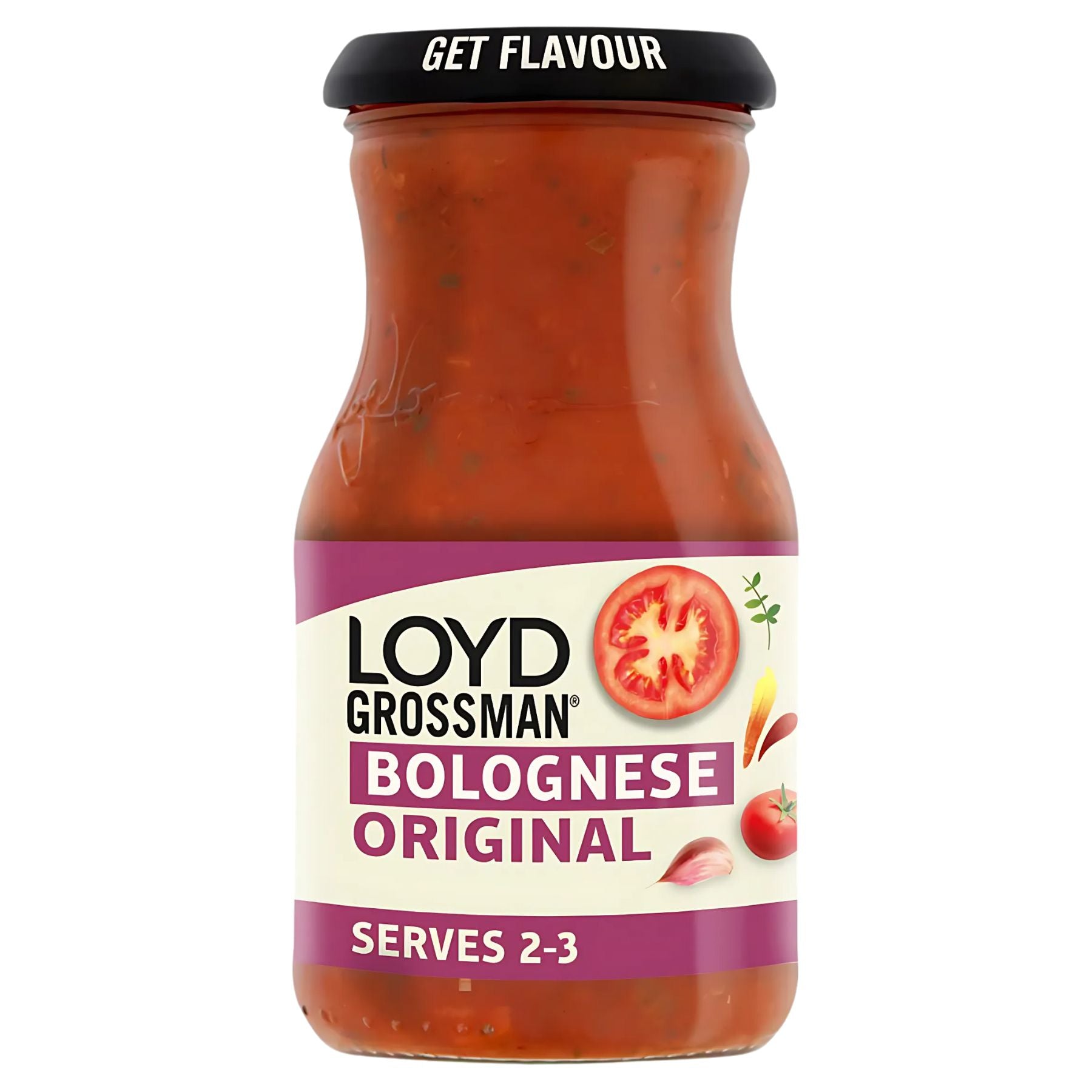 A 350g jar of Loyd Grossman Bolognese Original sauce with a black lid, labeled "Serves 2-3" and featuring tomato and garlic images—ideal for classic Italian flavor in your pasta dishes.