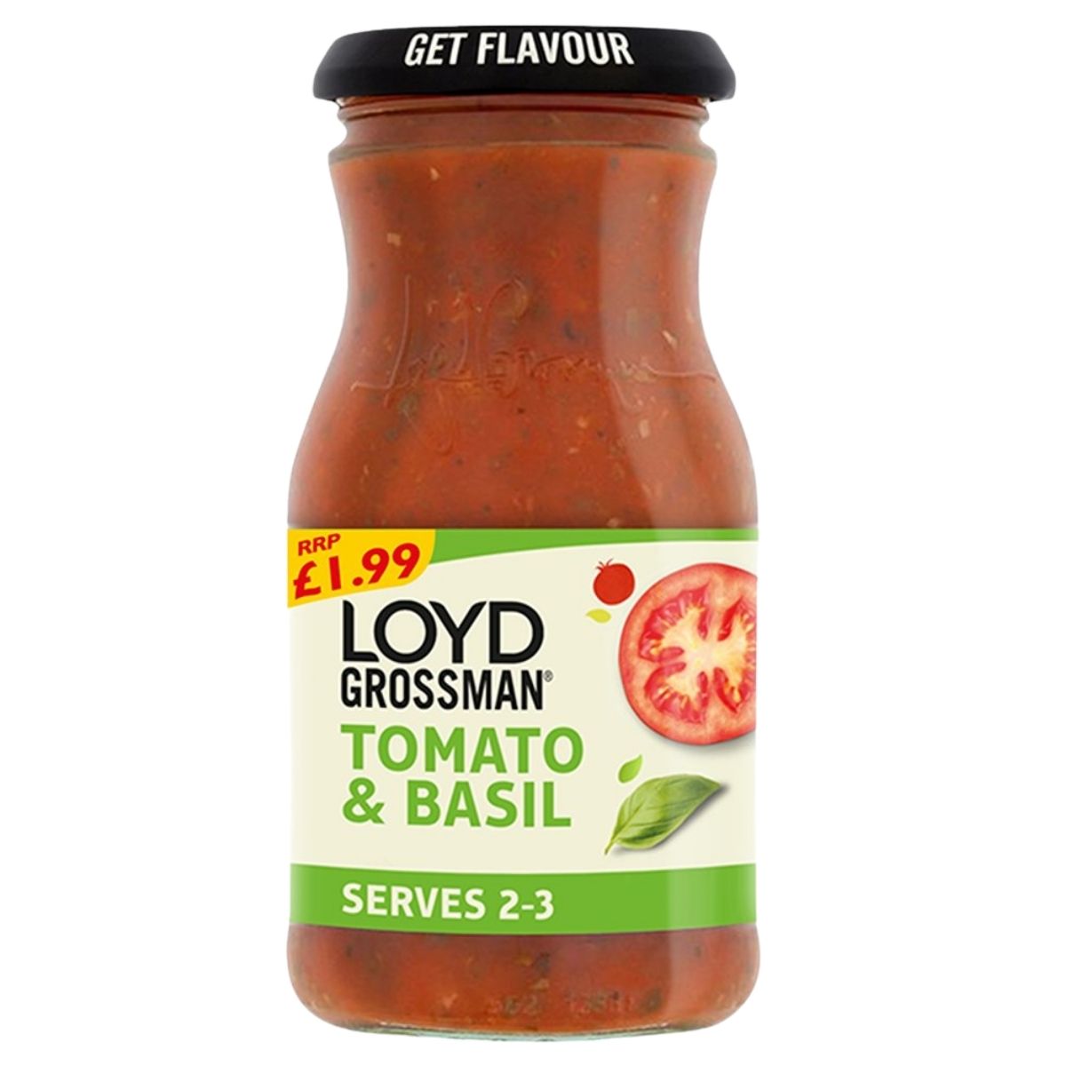 Jar of Loyd Grossman Tomato & Basil sauce with label and price on a white background