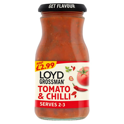 A 350g glass jar of Loyd Grossman Tomato & Chilli Pasta Sauce with a black lid and red label, priced at £2.99. Serves 2-3 people—perfect for a quick, delicious meal.