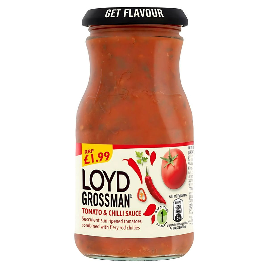 The 350g Loyd Grossman Tomato & Chilli Pasta Sauce features vibrant tomatoes and chilies on the label, offering an irresistible flavor for just £1.99.