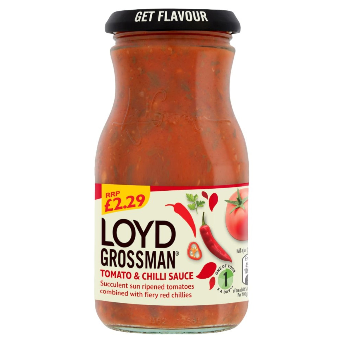 A glass jar of Loyd Grossman Tomato & Chilli Sauce on a plain white background. The jar contains a reddish-orange sauce and has a black lid with the words 'GET FLAVOUR' in white.