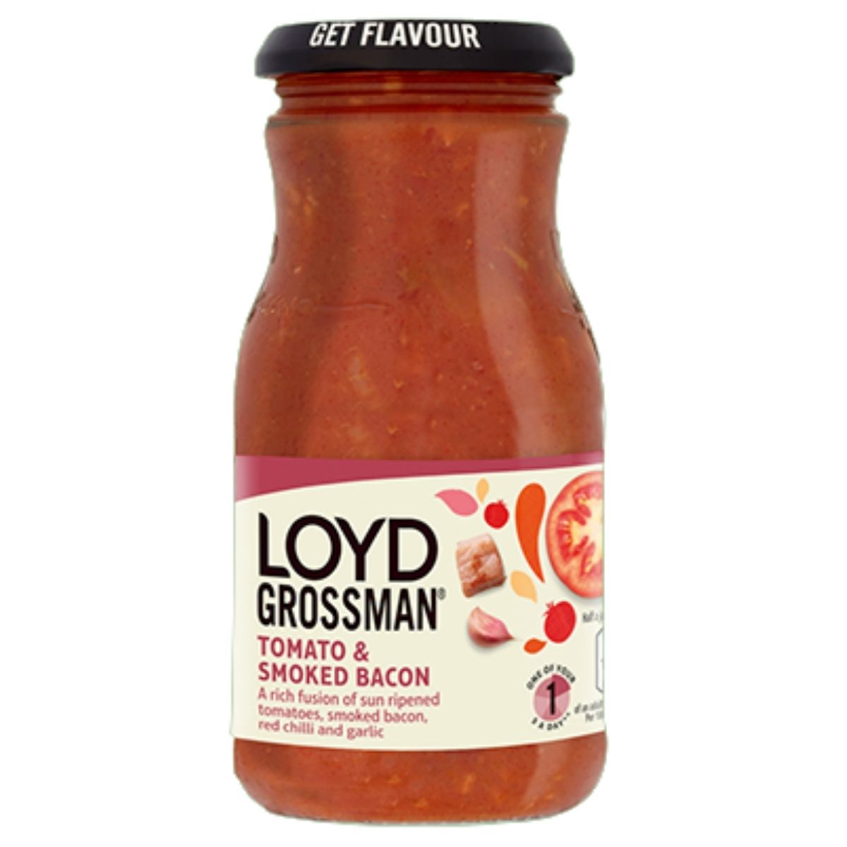 Jar of LOYD GROSSMAN tomato and smoked bacon sauce on a white background