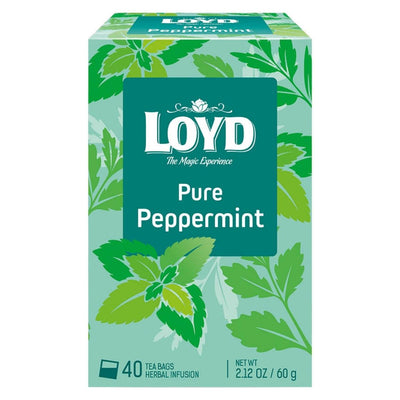 The Loyd Pure Peppermint Tea comes in a green and white box containing 40 tea bags, each crafted to offer a refreshing taste from pure peppermint leaves and featuring an elegant leaf design.