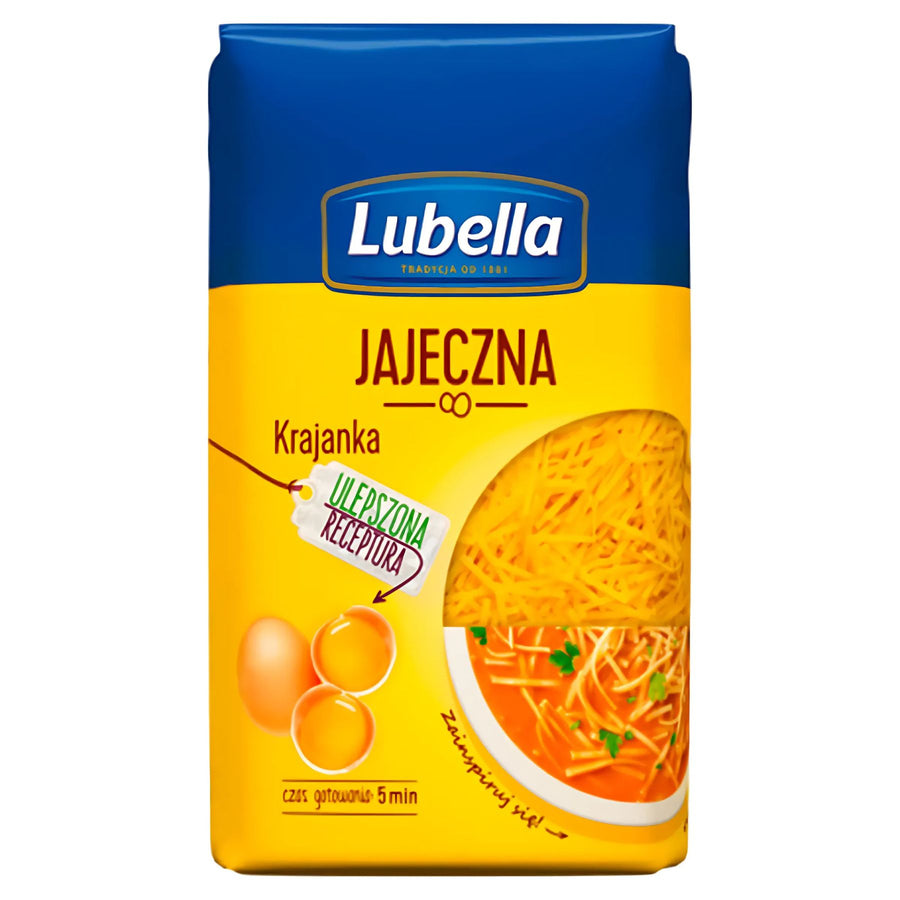 A 250g package of Lubella - Egg Pasta Slices, featuring egg pasta slices and showing noodles in soup with two eggs on the front.