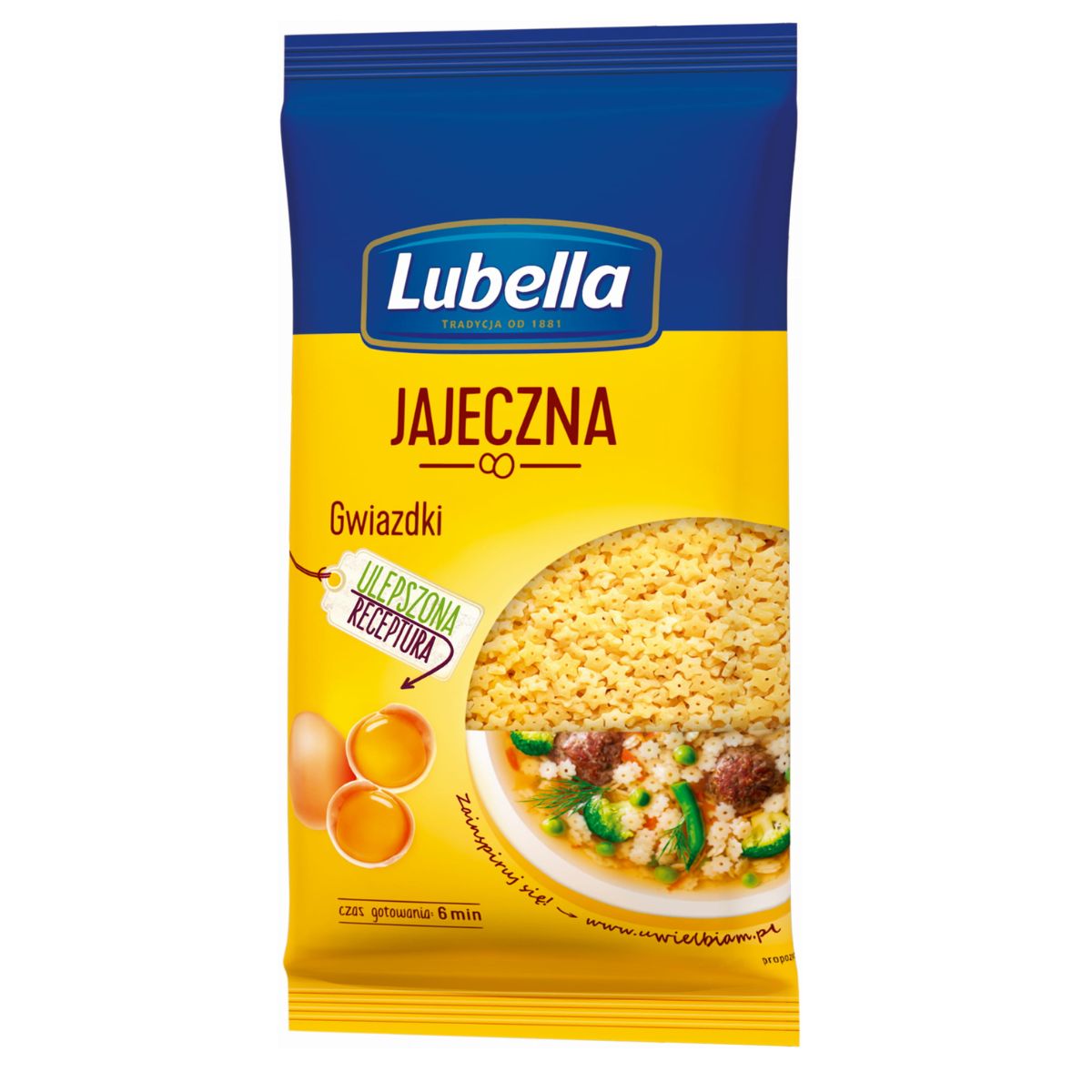 A package of Lubella - Jajeczna Gwiazdki Pasta - 250g with an image of the pasta, eggs, and a prepared dish on the front.