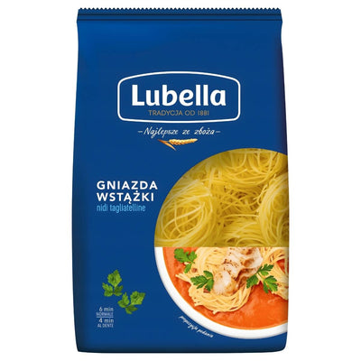 A blue 400g package of Lubella Ribbon (Gniazda Wstazki) Pasta Nests, classic Polish durum wheat pasta, featuring an image of cooked ribbon pasta with tomato sauce and herbs on the front.