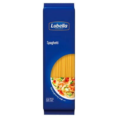 A 400g pack of Lubella Spaghetti Pasta featuring a window displaying the pasta and an image of a served spaghetti dish on the front.