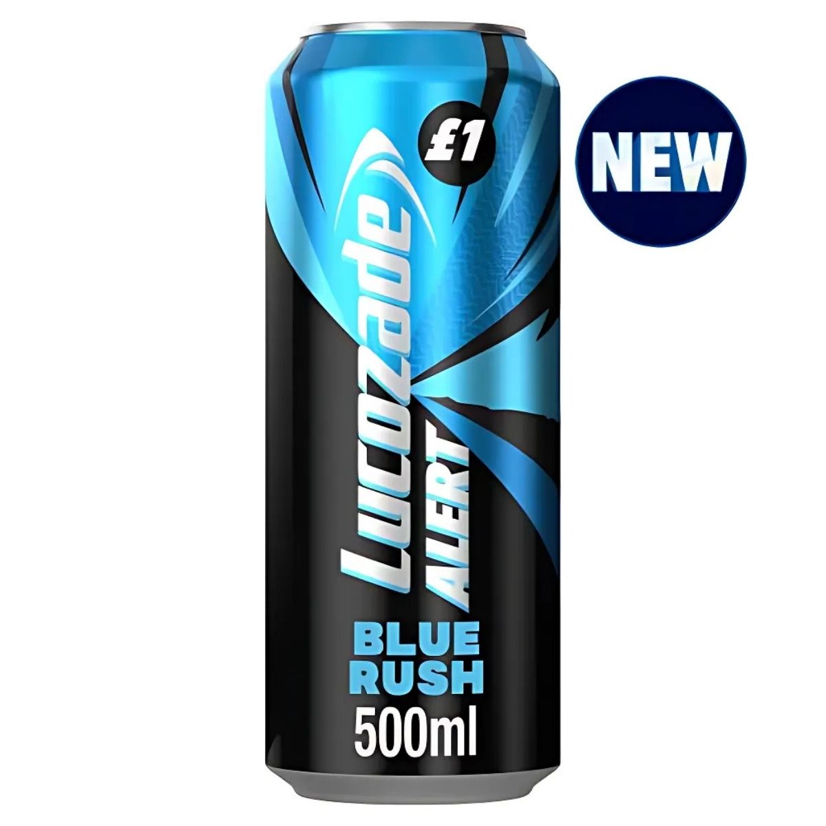 A 500 ml can of Lucozade - Alert Blue Rush Energy Drink features a sleek blue and black design, priced at £1, with a bold "NEW" label.