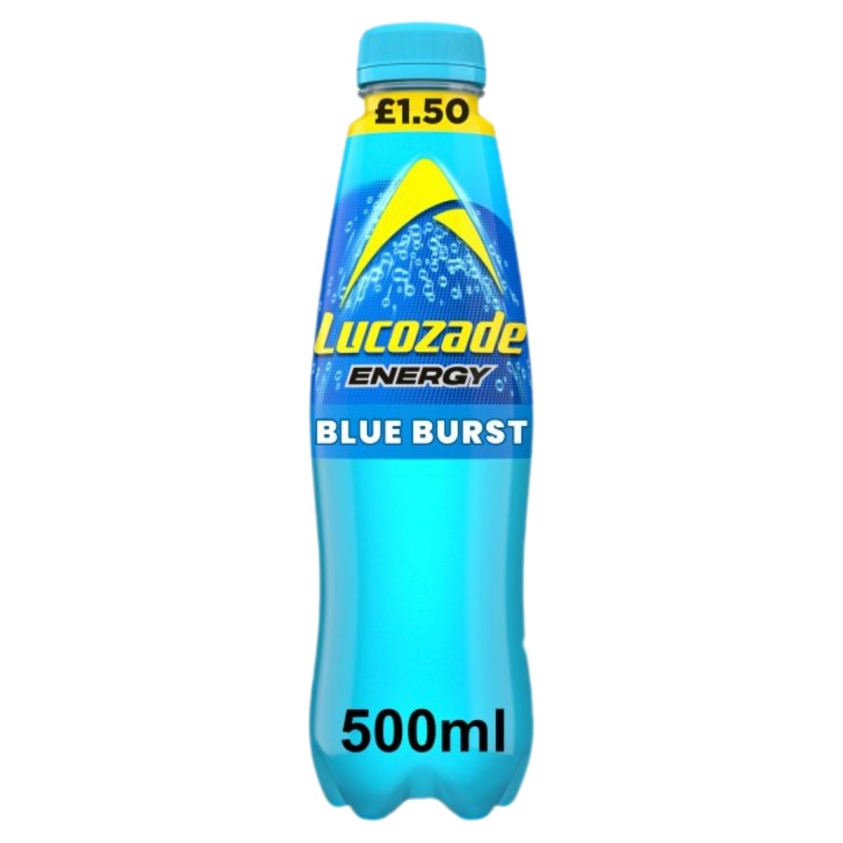A 500ml Lucozade - Blue Burst Energy Drink with a blue label, blue liquid, and a yellow £1.50 price tag.