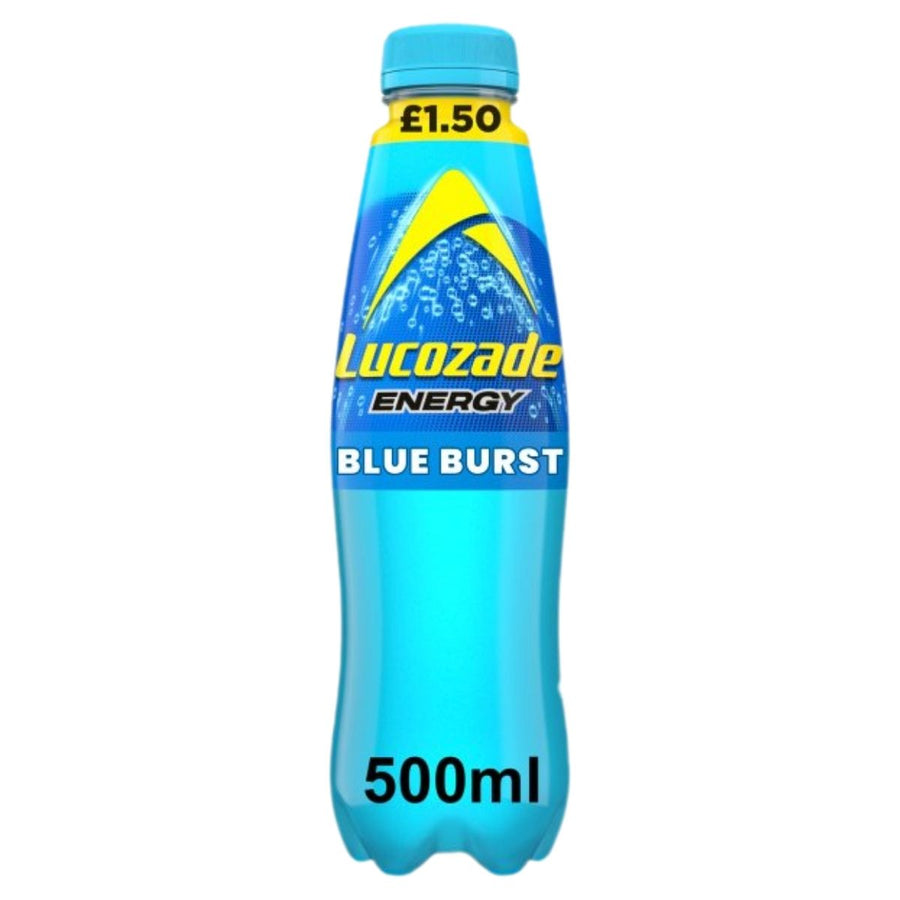 A 500ml Lucozade - Blue Burst Energy Drink with a blue label, blue liquid, and a yellow £1.50 price tag.