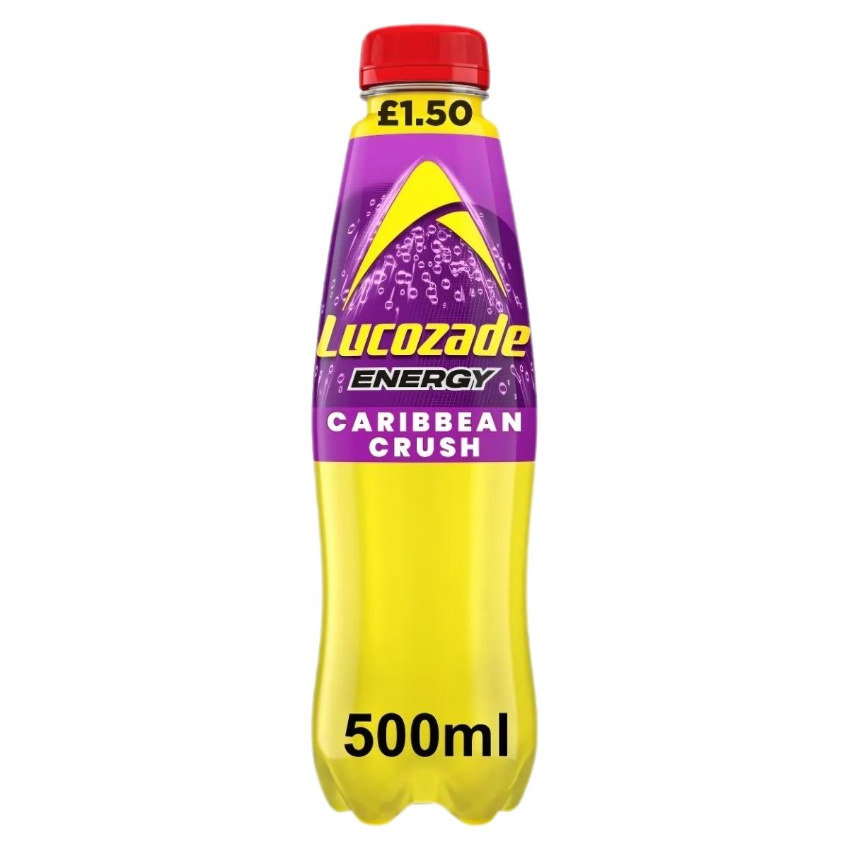 Lucozade - Energy Drink Caribbean Crush, 500ml plastic bottle with a purple and yellow label and red cap, priced at £1.50.