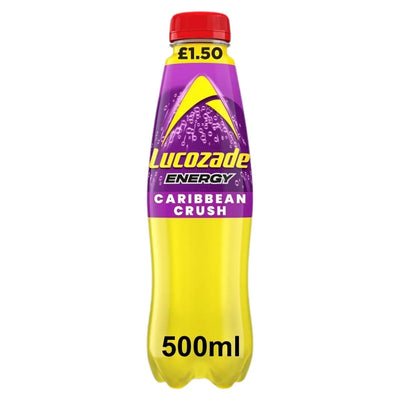 Lucozade - Energy Drink Caribbean Crush, 500ml plastic bottle with a purple and yellow label and red cap, priced at £1.50.