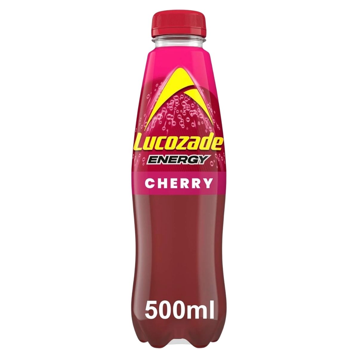 A 500ml bottle of Lucozade - Energy Drink Cherry features a red cap and pink label with yellow and white text.