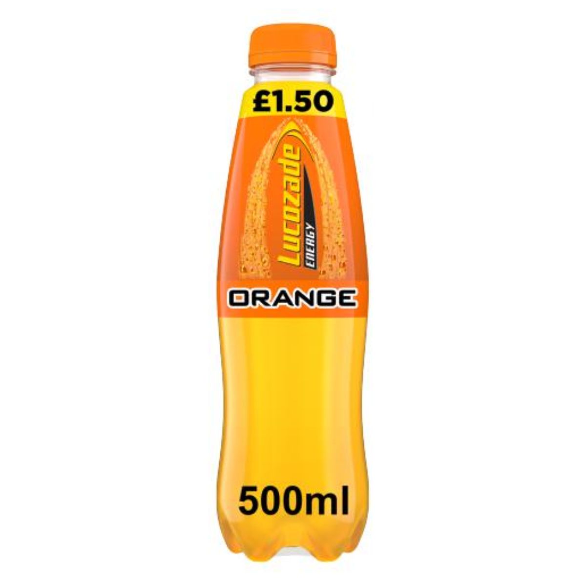 A 500ml bottle of Lucozade - Energy Drink Orange - 500ml, featuring a price label of £1.50 at the top, keeps you energized and hydrated with its refreshing orange flavor.
