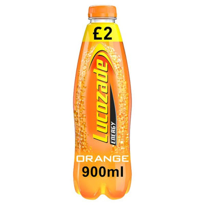A 900ml bottle of Lucozade Energy Drink Orange by Lucozade with a £2 price label on the cap.