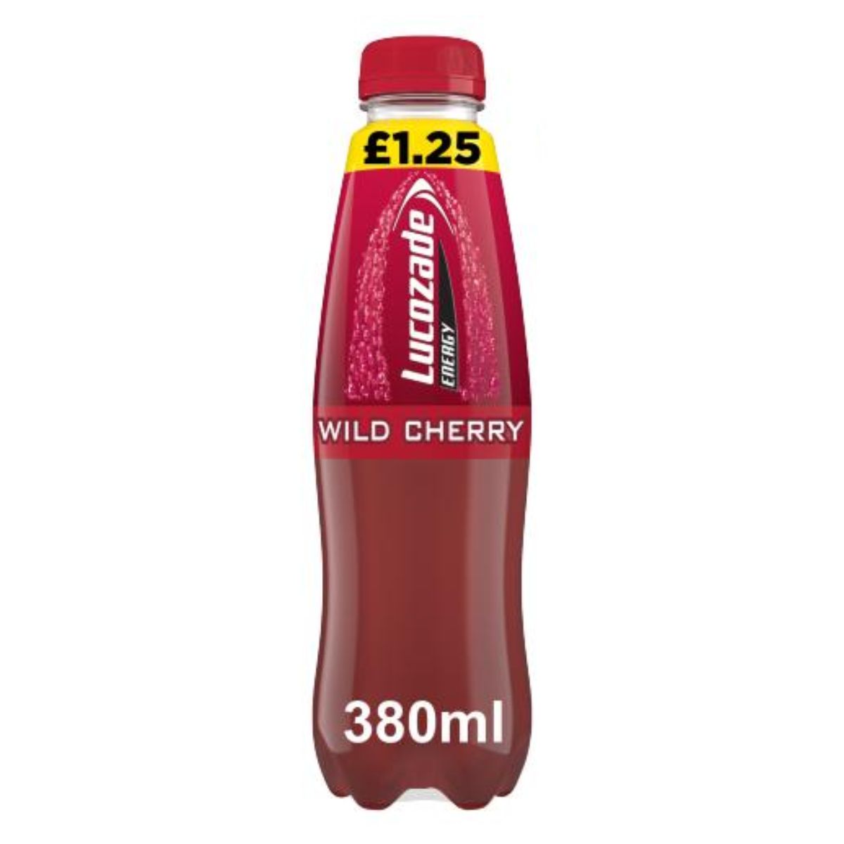 A bottle of Lucozade - Energy Drink Wild Cherry - 380ml.