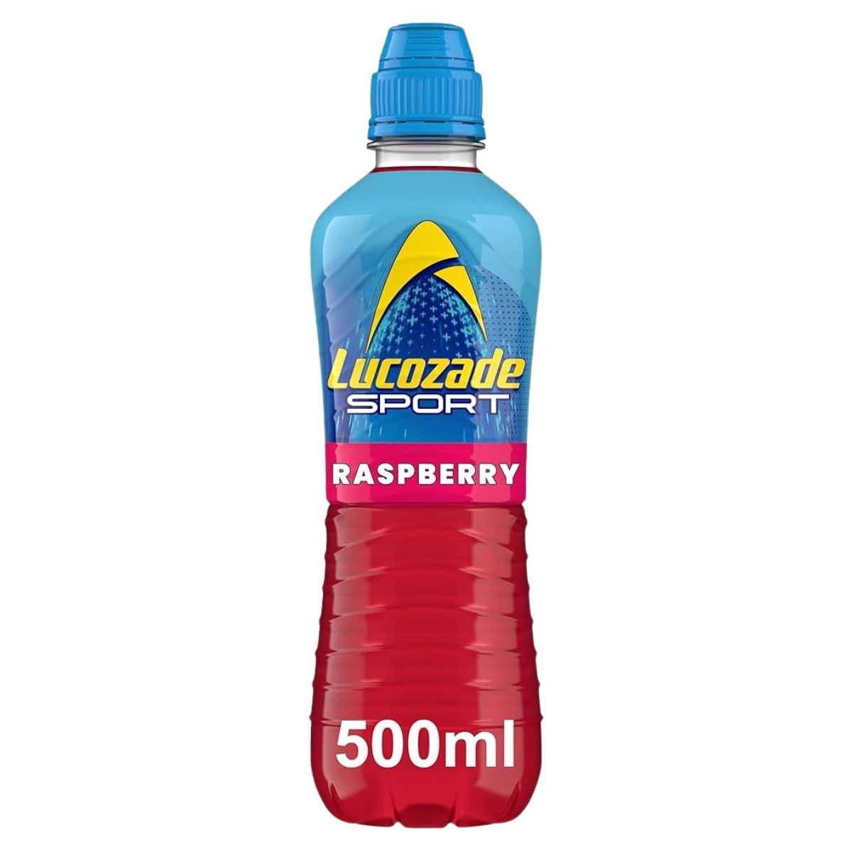 A 500ml bottle of Lucozade Raspberry Sport Drink from Lucozade, featuring a blue cap with a blue and red label.