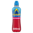 A 500ml bottle of Lucozade Raspberry Sport Drink from Lucozade, featuring a blue cap with a blue and red label.