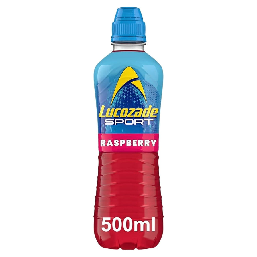 A 500ml bottle of Lucozade Raspberry Sport Drink from Lucozade, featuring a blue cap with a blue and red label.