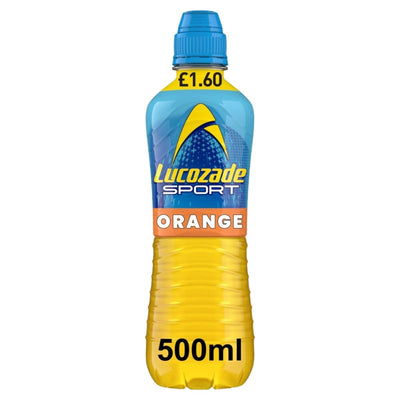 Lucozade Sport Energy Drink Orange, 500ml bottle with a blue and yellow label, is priced at £1.60.