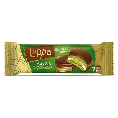 A 182g package of Luppo Chocolate & Pistachio Cake Bites, featuring an image of chocolate-covered cake with pistachio filling.