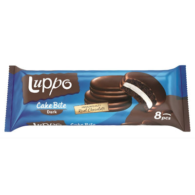 Luppo - Dark Chocolate Coated Marshmallow (184g) by Luppo features soft marshmallows coated in rich dark chocolate. The package highlights "Premium Quality Real Chocolate" and contains 8 pieces—perfect for a delicious treat.