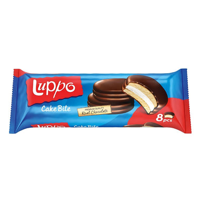 A pack of Luppo - Milk Chocolate Coated Cake With Marshmallow (184g) features an image of marshmallow-filled cakes coated in real chocolate, labeled with the Luppo brand.
