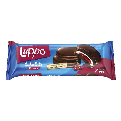 A 182g package of Luppo - Milk Chocolate Coated Marshmallow With Cherry Marmalade, featuring images of chocolate-coated cakes, cherries, and the Luppo brand—contains 7 delicious pieces with cherry marmalade filling.