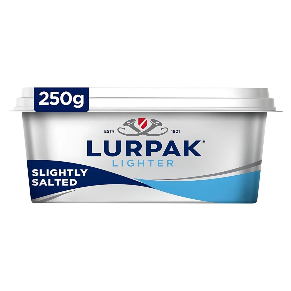 The Lurpak - Lighter Spreadable Butter Slightly Salted 250g tub features a white and blue design with a red logo, offering a creamy, smooth texture and less fat—a perfect choice for those wanting a lighter yet tasty option.