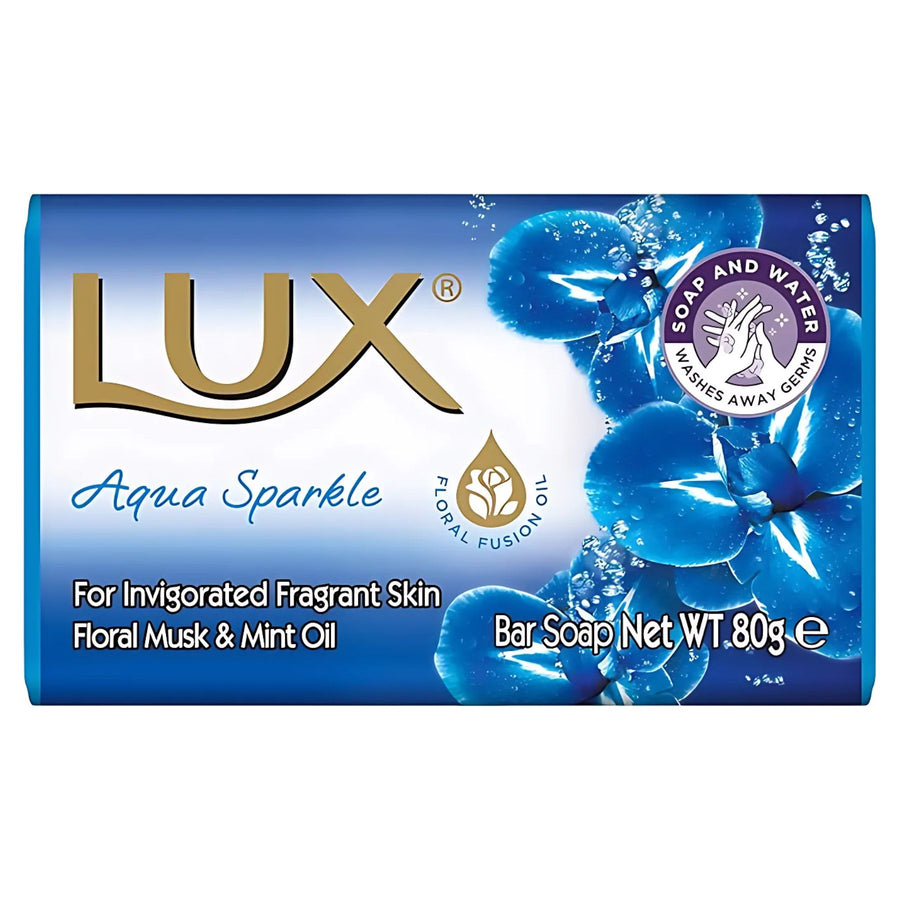 The Lux Aqua Sparkle Bar Soap (80g) features floral graphics and highlights a refreshing aqua fragrance with floral musk and mint oil for invigorated, fragrant skin. Gentle skincare by Lux.
