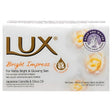 Front view of Lux - Bright Impress Soap - 80g box, with Japanese Camellia and Citrus Oil. Features floral graphics and bilingual (English/French) product details for a radiant complexion.