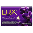 Lux - Magical Spell Soap 80g comes in purple packaging with purple flower images, featuring a long-lasting fragrance and essential oils—making it perfect to elevate your shower routine.