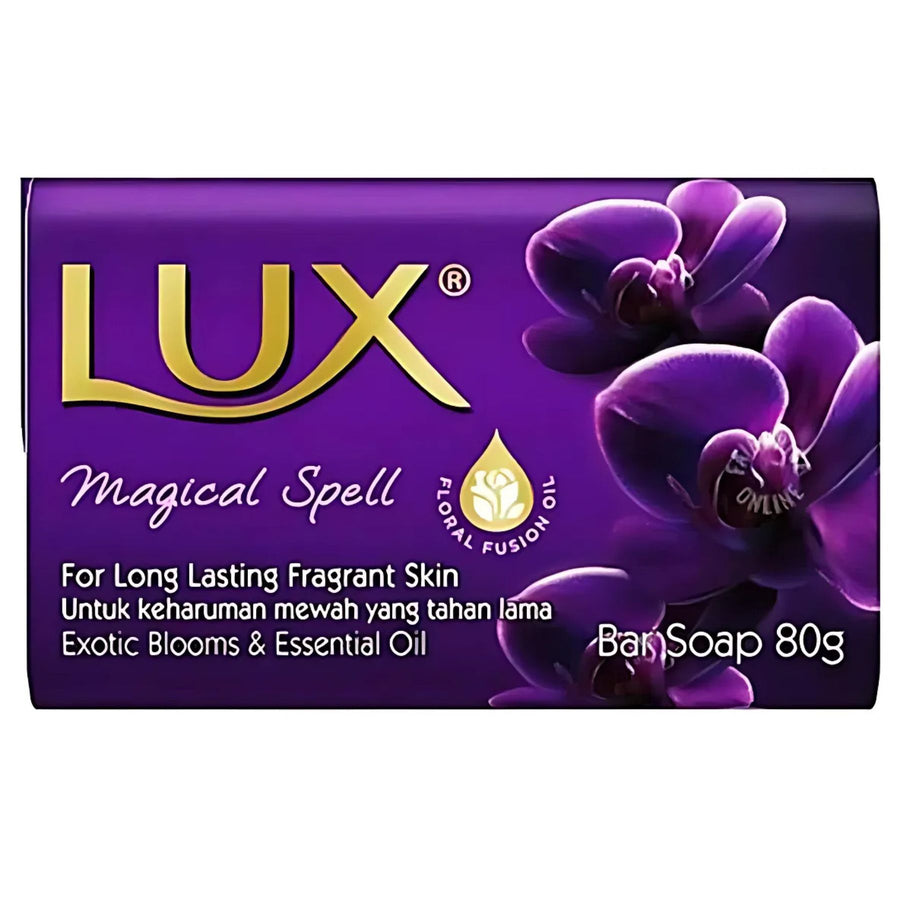 Lux - Magical Spell Soap 80g comes in purple packaging with purple flower images, featuring a long-lasting fragrance and essential oils—making it perfect to elevate your shower routine.