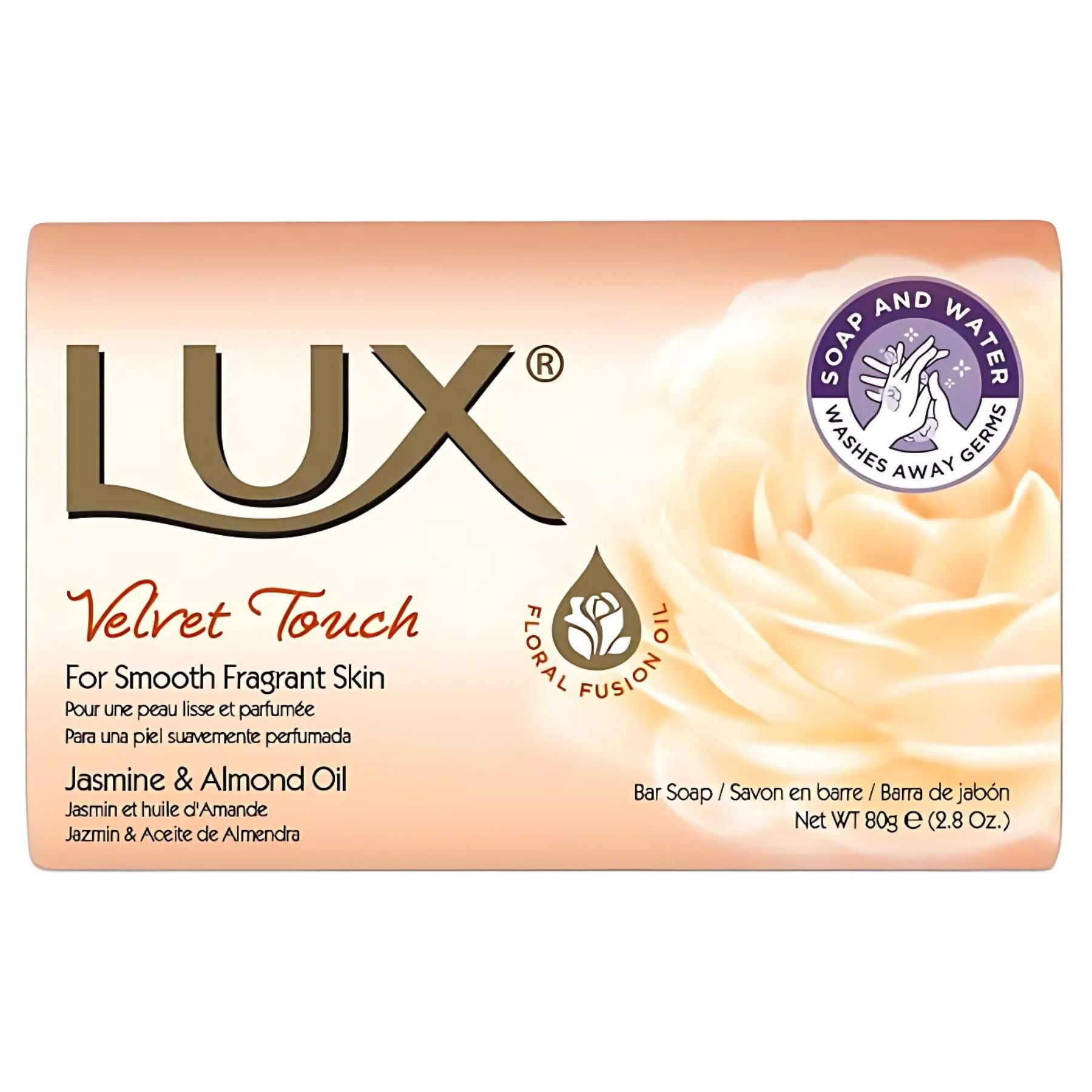 Front view of the Lux - Velvet Touch Soap - 80g package, featuring jasmine and almond oil, with a rose design and text highlighting its gentle cleansing for soft, smooth skin.