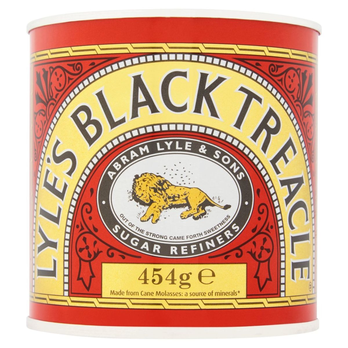 A tin of Lyle's - Black Treacle - 454g, a sugar refinement by-product used in baking and cooking.