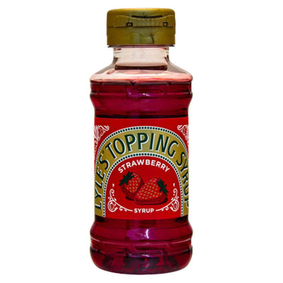Lyle's Strawberry Syrup (325g) features a clear plastic bottle with a gold cap and a strawberry-themed label, delivering authentic strawberry flavor and natural sweetness.