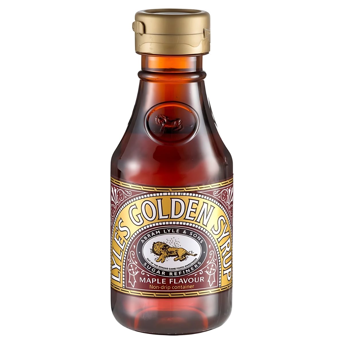 Image of a bottle of Lyles - Golden Syrup Maple Flavour - 454g. The brown bottle with a gold cap and label features a lion logo and text. Perfect for drizzling over pancakes, Lyles - Golden Syrup Maple Flavour - 454g adds a rich maple flavor to your breakfast delights.