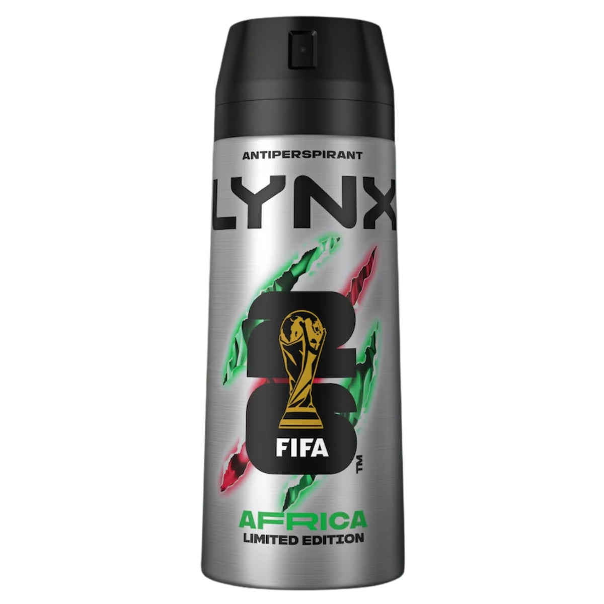 Silver can of Lynx Antiperspirant Deodorant for Men Africa (150ml) featuring FIFA branding, “Africa Limited Edition” text, and red and green claw mark graphics on the front.