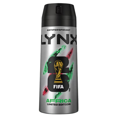 Silver can of Lynx Antiperspirant Deodorant for Men Africa (150ml) featuring FIFA branding, “Africa Limited Edition” text, and red and green claw mark graphics on the front.