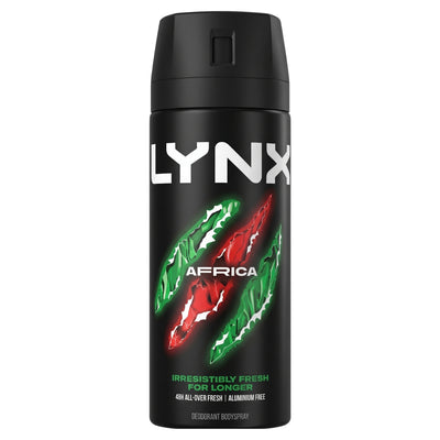 The Lynx - Antiperspirant Deodorant for Men Africa - 150ml offers long-lasting freshness and a bold scent in a black can with red and green claw mark design.