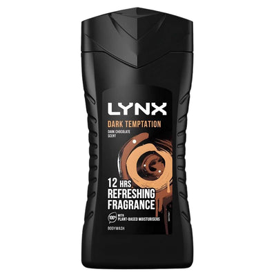 Lynx Dark Temptation 12-H Refreshing Fragrance Body Wash (225ml) offers a dark chocolate scent, 12-hour freshness, plant-based moisturisers, and comes in a black bottle.