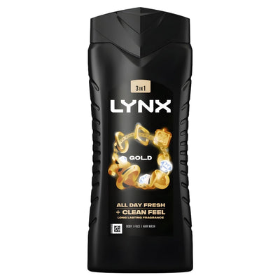 The Lynx Gold All Day Fresh & Clean Feel Shower Gel (500ml) offers an invigorating fragrance for men, packaged in a sleek black bottle with gold accents, perfect for those seeking freshness and a clean feel all day.