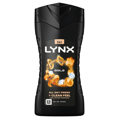 A 225ml black bottle of Lynx Gold Shower Gel with gold and white graphics, offering a 3-in-1 body, face, and hair wash and the signature Gold fragrance for lasting freshness and an all-day clean feel.